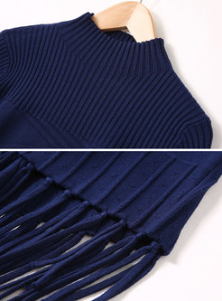 Blue Brief High Neck Fringe Sweater