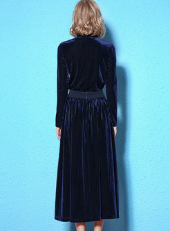 Brief Navy Blue Velvet Two-piece Outfits