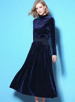 Brief Navy Blue Velvet Two-piece Outfits