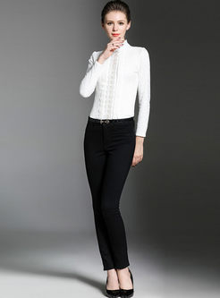 Sweet Stand Collar Stitching Stringy Selvedge Blouse