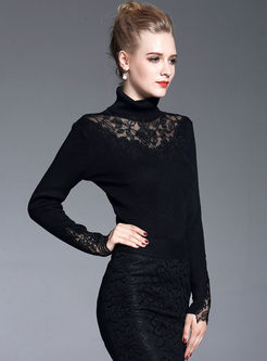 Sexy Lace Splicing Turtle Neck Sweater