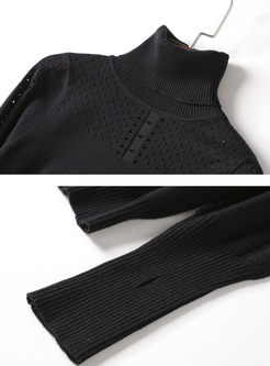 Black Turtle Neck Hollow Out Wool Knitted Sweater
