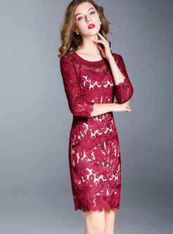 Wine Red Stylish Three Quarters Sleeve Embroidery Bodycon Dress