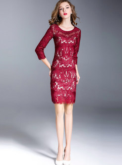 Wine Red Stylish Three Quarters Sleeve Embroidery Bodycon Dress