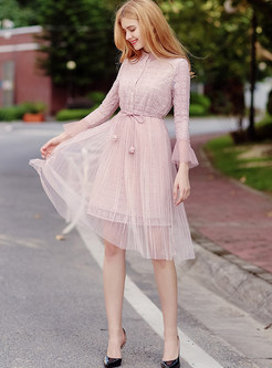 Sweet Pink Warm Belted Lace Skater Dress