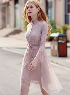 Sweet Pink Warm Belted Lace Skater Dress