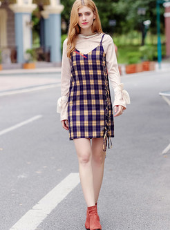 Sweet Checked Belted Suspender Shift Dress