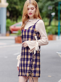Sweet Checked Belted Suspender Shift Dress