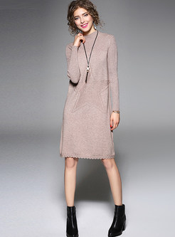 Pink Brief High Neck Long Sleeve Knitted Dress
