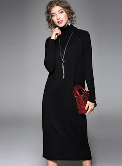 Black Casual Turtleneck Loose Straight Knitted Dress