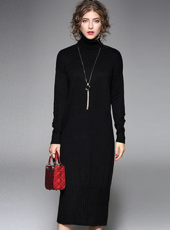Black Casual Turtleneck Loose Straight Knitted Dress