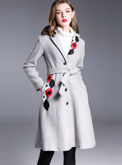 Grey Chic Tie Waist Embroidery Single-breasted Coat