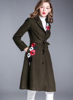 Deep Green Chic Tie Waist Embroidery Single-breasted Coat
