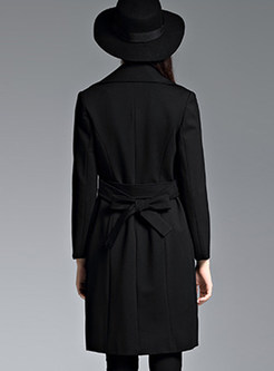Black Fashion Turn Down Collar Tie Waist Trench Coat