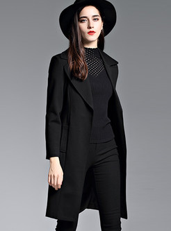 Black Fashion Turn Down Collar Tie Waist Trench Coat