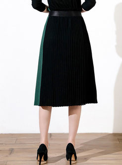 Hit Color Belted Stitching Pleated Skirt