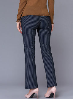 Navy Blue Striped Splicing Slit Straight Pants