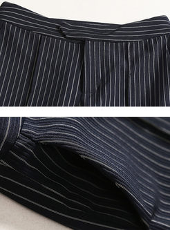 Navy Blue Striped Splicing Slit Straight Pants