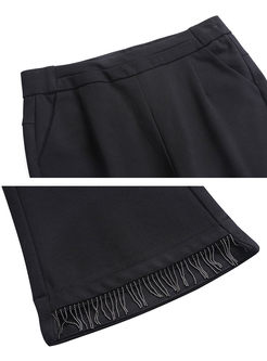 Black Tassel Stitching Asymmetric Flare Pants