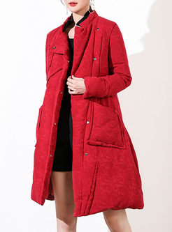 Jacquard Stand Collar Belted Thick Down Coat