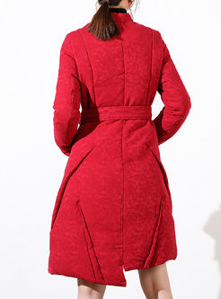 Jacquard Stand Collar Belted Thick Down Coat