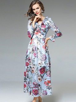 Blue Floral Print V-neck Falbala Maxi Dress