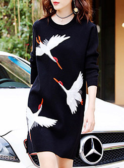 Stylish Embroidery Loose O-neck Knitted Dress