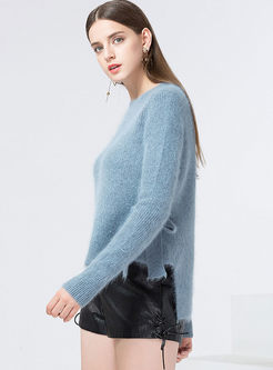 Blue Brief Pullover Asymmetric-hem O-neck Sweater