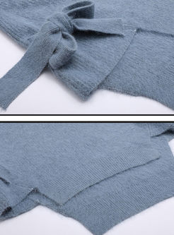 Blue Brief Pullover Asymmetric-hem O-neck Sweater