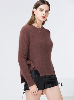 Deep Brown Brief Pullover Asymmetric-hem O-neck Sweater