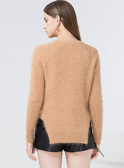 Brief Pullover Asymmetric-hem O-neck Sweater