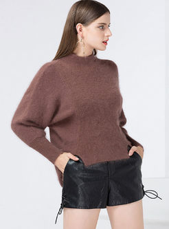 Deep Brown Brief High Neck Pullover Asymmetric Sweater