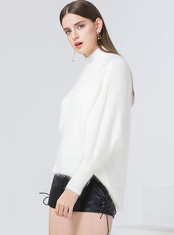 White Brief High Neck Pullover Asymmetric Sweater