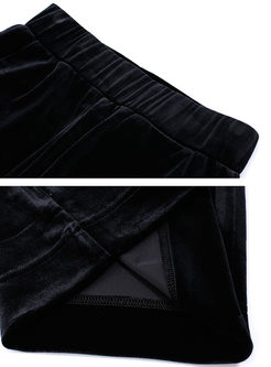 Casual Black Velvet Elastic Waist Straight Pants
