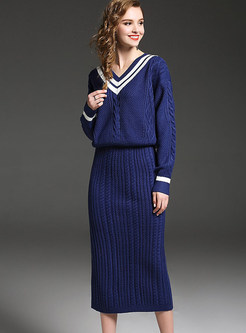 Brief Blue V-neck Knitted Two-Piece Outfits 