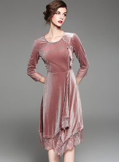 Elegant Striped Lace Splicing Asymmetric Skater Dress