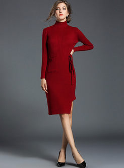 Brief High Neck Bowknot Asymmetric Bodycon Knitted Dress