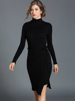 Brief High Neck Bowknot Asymmetric Bodycon Knitted Dress