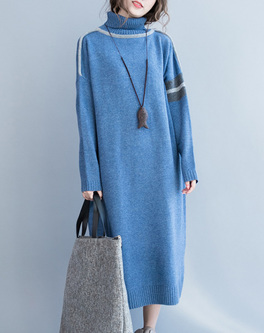 Brief High Neck Color-blocked Knitted Dress