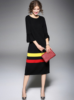 Casual Flare Sleeve Color-blocked Knitted Dress