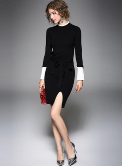 Elegant Color-blocked Flare Sleeve Split Knitted Dress