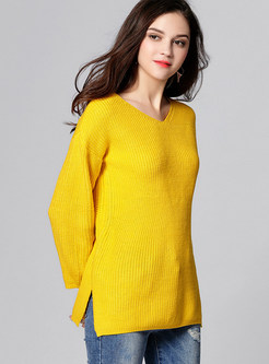 Yellow Casual V-neck Loose Sweater