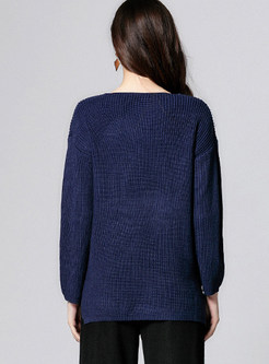 Navy Blue Casual V-neck Loose Sweater
