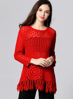Sexy Red Hollow Out Fringe Sweater