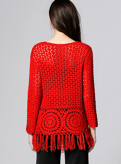 Sexy Red Hollow Out Fringe Sweater