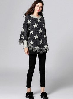 Stylish Star Print Loose Fringe Sweater