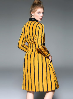Yellow Brief Vertical Striped Belted Stand Collar Down Coat