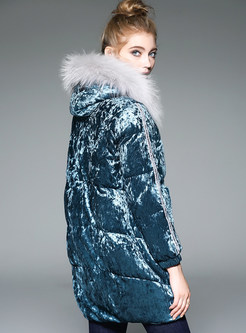 Blue Fashion Fur Collar Velvet Down Coat