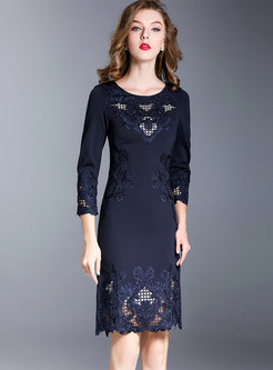 Navy Blue Slim Hollow Out Embroidery Bodycon Dress