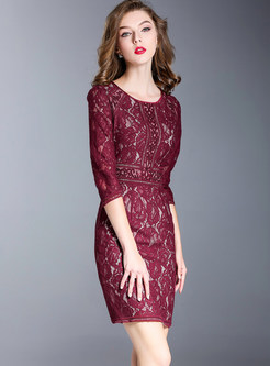 Deep Red Sexy Lace Hollow Out Embroidery Bodycon Dress